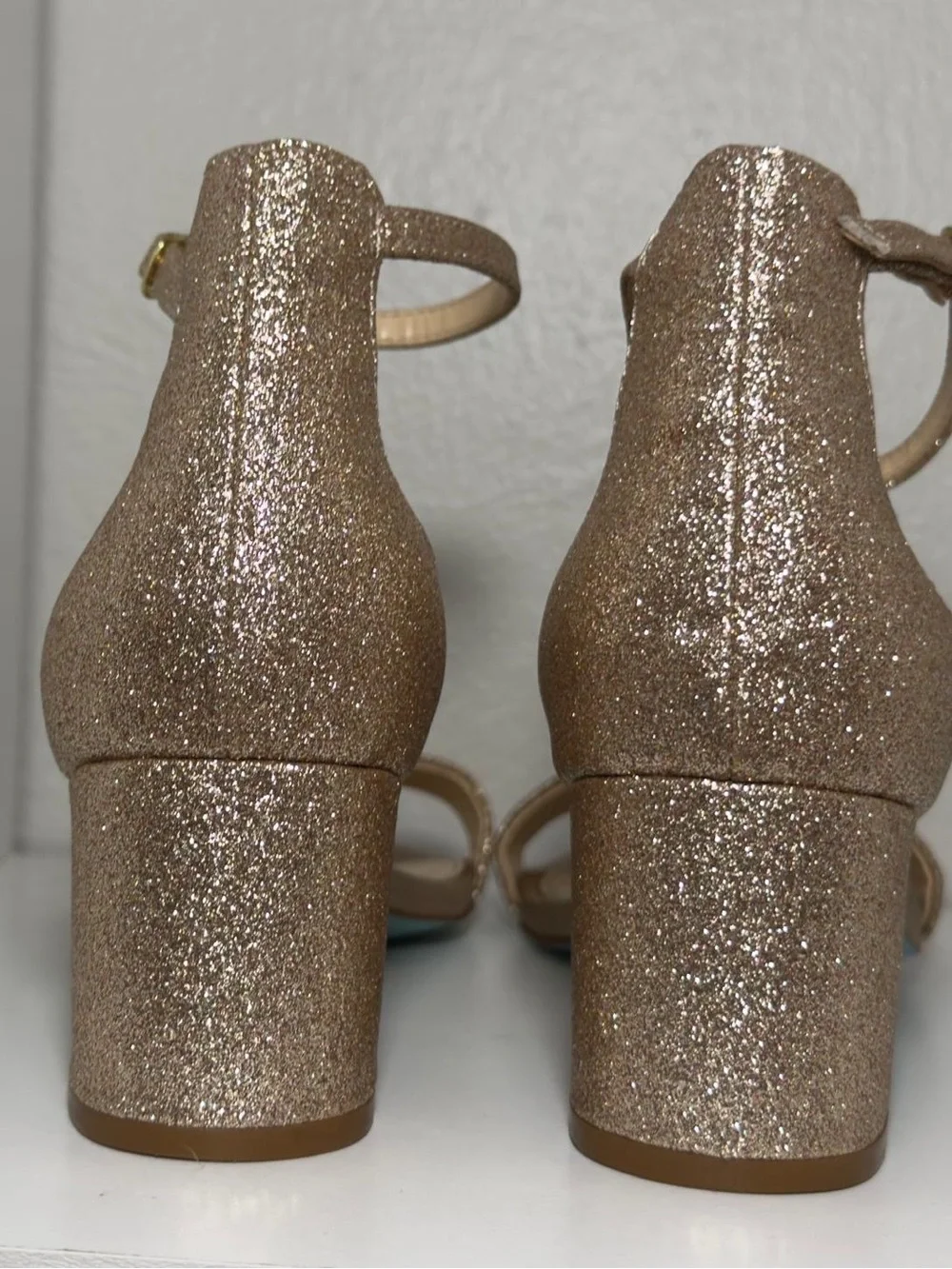 Betsey Johnson Rose Gold Glitter Block Heel Sandals